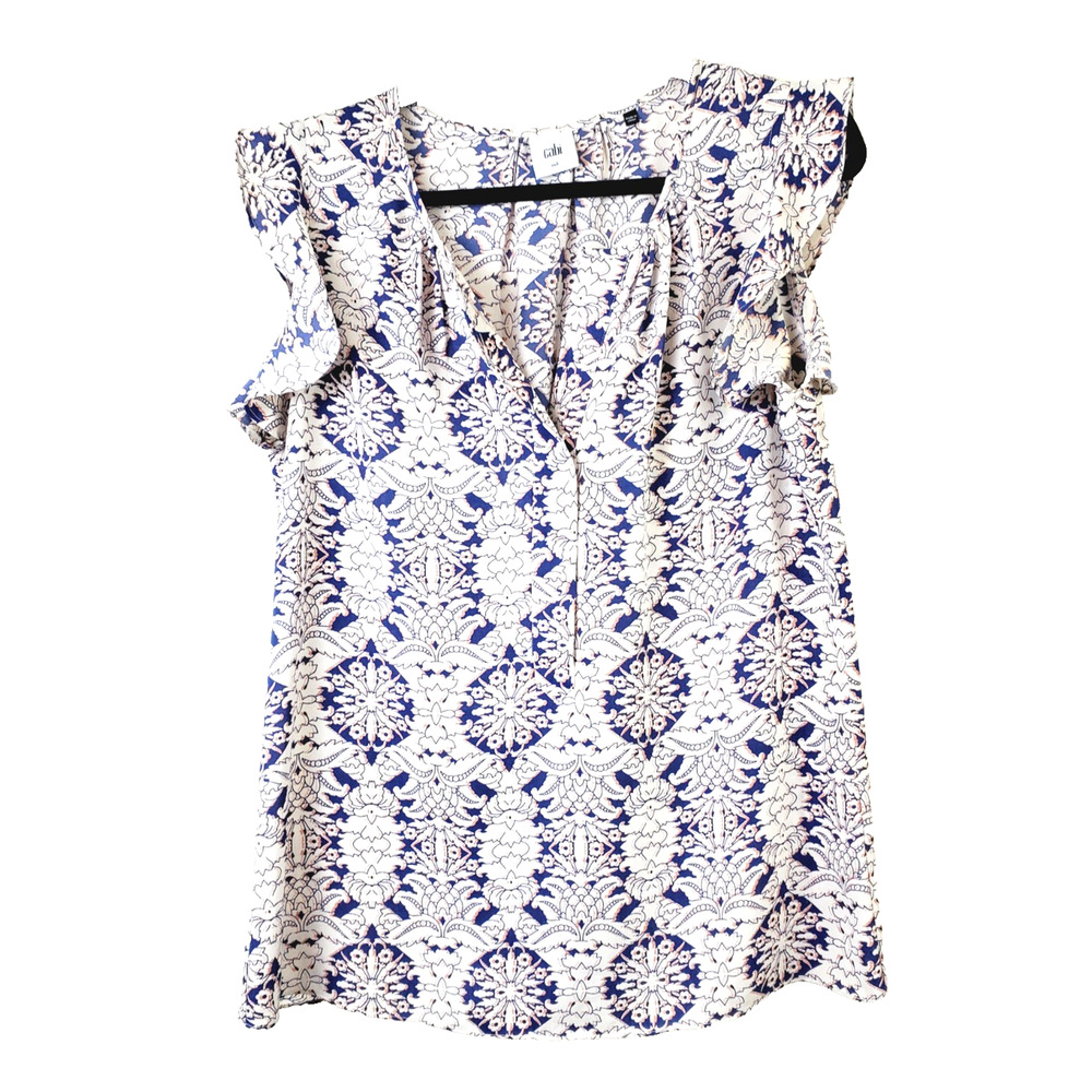 Cabi Womens M Top Stevie Blouse #3074 Flutter Ruffle Sleeve Floral Print Blue